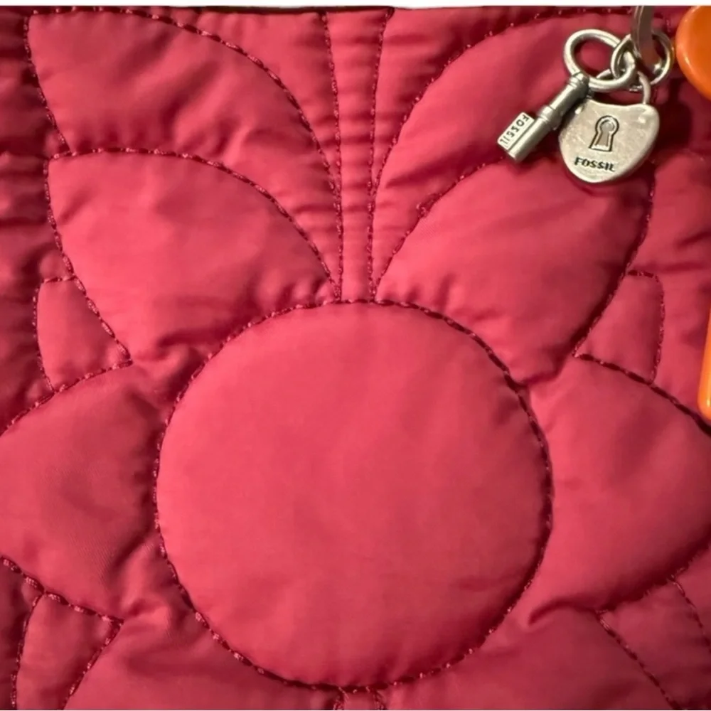 Fossil Red Floral Quilted Tote Bag Leather Trim Cottagecore Coquette